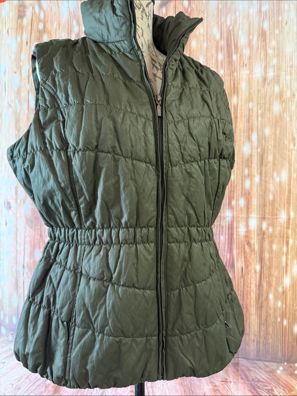 Coldwater Creek Olive Green Quilted Puffer Vest with Stand Collar